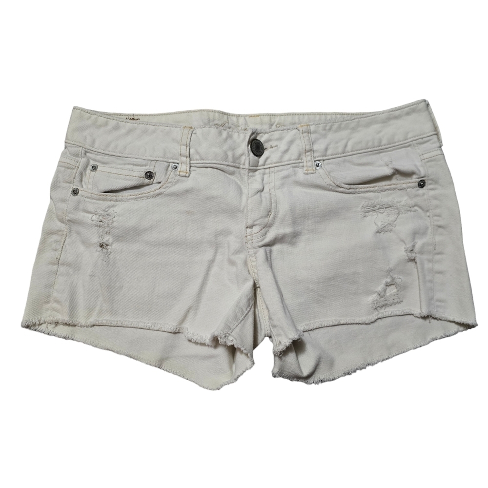 American Eagle Stretch Distressed Cut Off Pockets Shorts Pants Cream Womens Sz 6